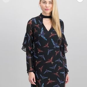 Sam Edelman Bird Print Choker Cutout Chiffon Dress, Black